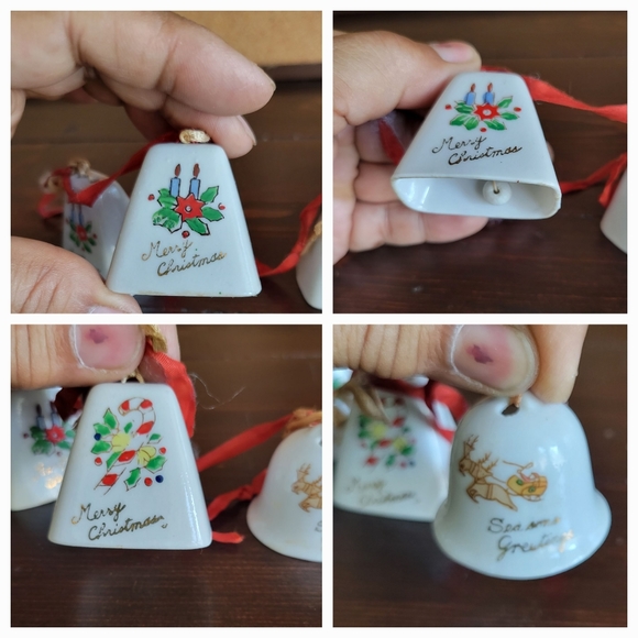 Christmas Bells Ornaments Lot of 4 Bone China Asst Vintage Japan 1-1/2" High - Picture 4 of 4